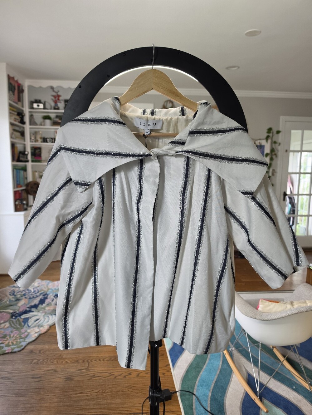 Buru Sparkle Stripe Sailor-Collar Cropped Car Coat Size Xs
